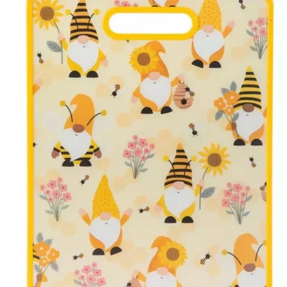 Gnomes & Sunflowers Kitchen Cutting Board Bees Beehives Flowers Bright Yellow - Picture 3 of 4